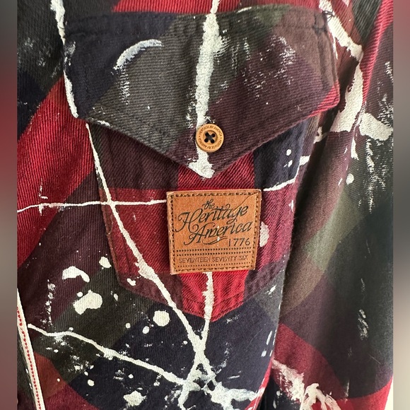 American Heritage Shirt Mens XL Red Plaid Paint Splatter Roll Tab Long Sleeve - Picture 2 of 15
